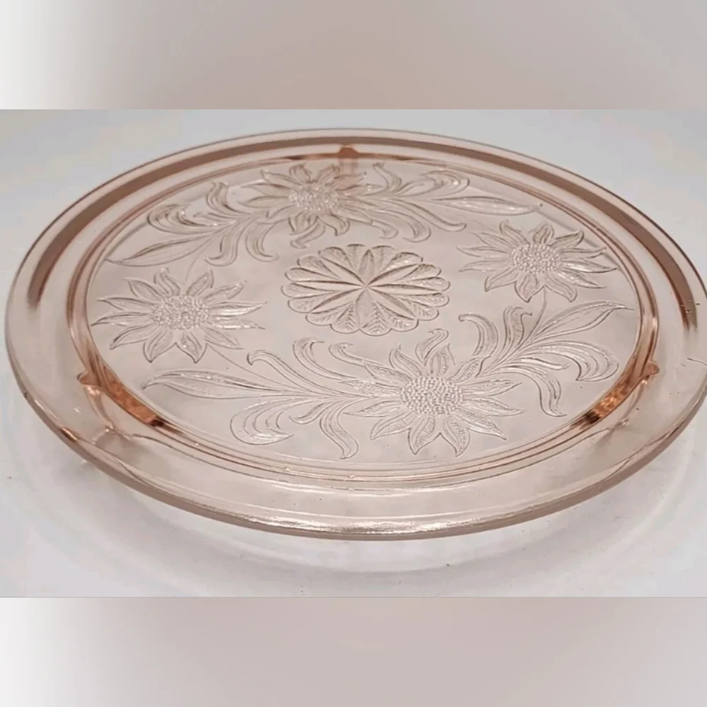 Jeannette Sunflower Style Glass Pink Depression Footed Cake Plate